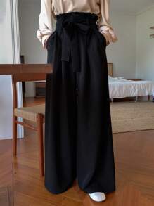 FRIFUL Paperbag Waist Wide Leg Suit Pants - Black - View 1