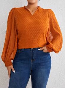 SHEIN Privé Plus Swiss Dot Lantern Sleeve Blouse - Brown - View 1