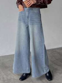 FRIFUL 高腰闊腿牛仔褲 - 藍色 - 查看 3