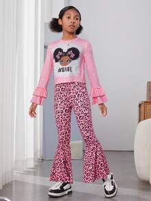 女大童字母人物圖案喇叭袖T恤和豹紋喇叭褲 - 彩色 - 查看 3