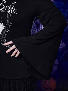 Corpse Bride | ROMWE Plus Cartoon Graphic Cold Shoulder Tee - Black - View 3