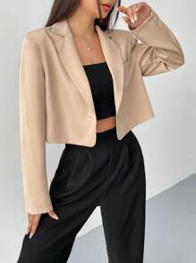 SHEIN EZwear Lapel Neck Single Button Crop Blazer - Khaki - View 3