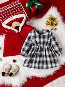 Baby Girl Plaid Print Dress & Cape Coat - Red - View 1