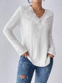 SHEIN Frenchy Guipure Lace Trim Tee - White - View 5