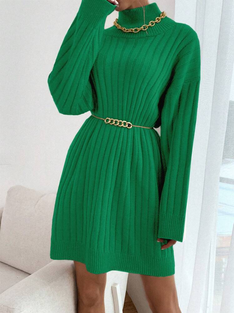 EURMUSE Mock Neck Drop Shoulder Sweater Dress Without Bälte - Grön - Visa 3