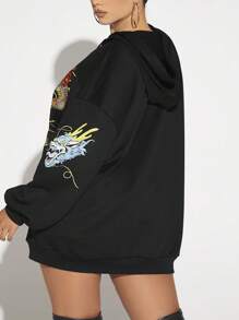 SHEIN SXY 加大码中国龙字母图案落肩抽绳卫衣 - 黑色 - 查看 2