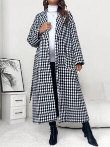 SHEIN Maternity Houndstooth Print Drop Shoulder Belted Coat - Black and White - View 6
