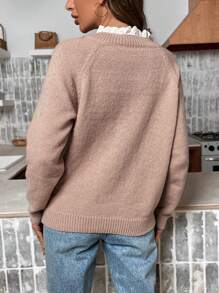 SHEIN Frenchy Guipure Lace Trim Raglan Sleeve Sweater - Dusty Pink - View 2