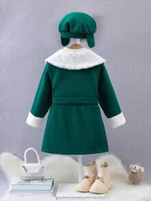 SHEIN 年輕女孩 1 入組博格領雙排扣束帶大衣和帽子 - 墨綠色 - 查看 2