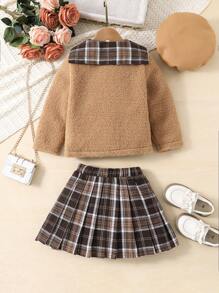 SHEIN Young Girl Plaid Print Contrast Collar Jacket & Pleated Skirt & Hat - Brown - View 2