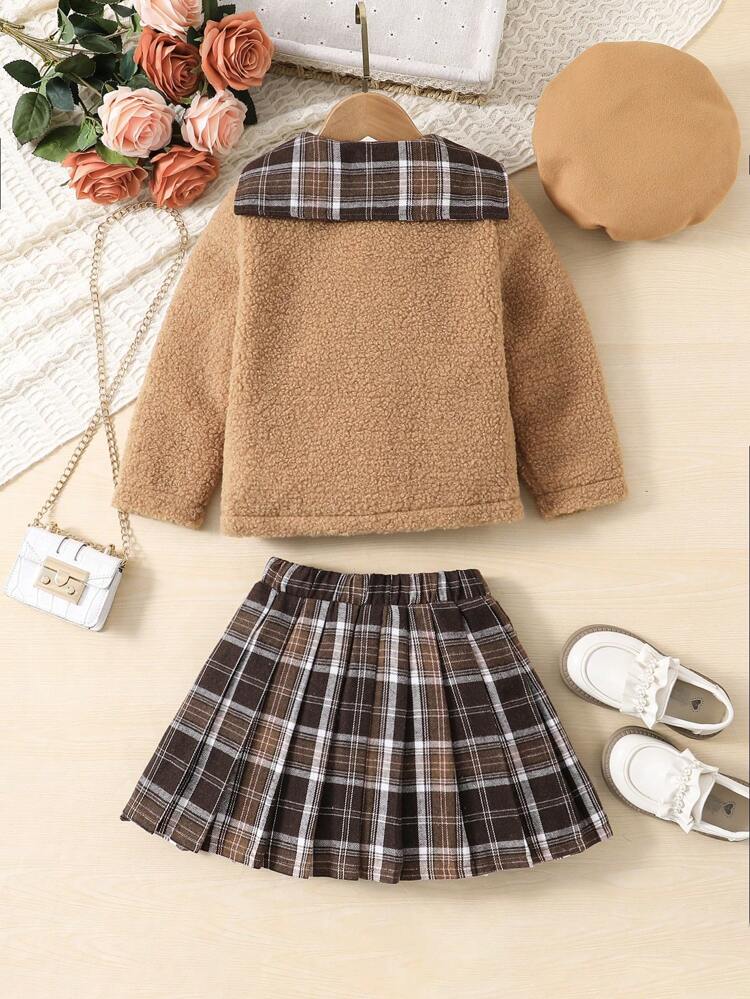 Young Girl Plaid Print Contrast Collar Jacket & Pleated Skirt & Hat