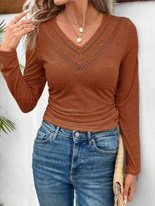 SHEIN Frenchy 素色V領T恤 - 橘色 - 查看 4