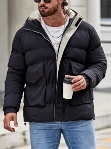 Manfinity Homme Loose-Fit Men's Hooded Padded Coat With Flap Pockets And Drawstring Hem - Black - View 4