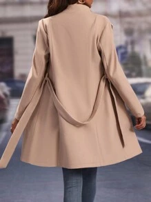 SHEIN LUNE Solid Button Front Belted Overcoat - Khaki - View 2