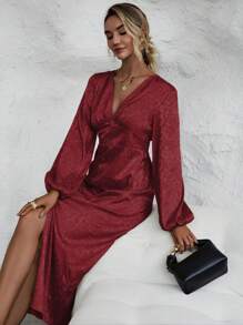 SHEIN Clasi 提花燈籠袖高衩洋裝