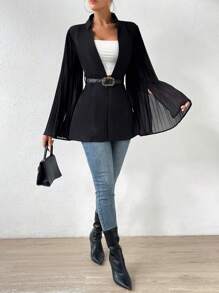 SHEIN LUNE Pleated Cloak Sleeve Open Front Blazer Without Belt - Black - View 6