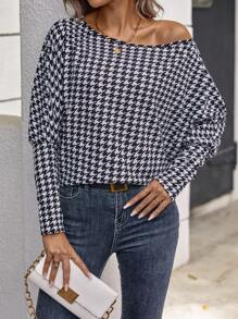 Houndstooth Print Batwing Sleeve Tee - Black and White - View 7