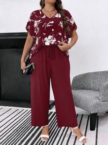 SHEIN LUNE 加上花卉印花蝙蝠翼袖上衣和前結長褲 - 酒紅色 - 查看 5