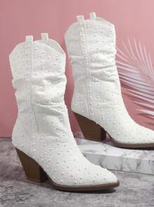SHUZIA Pointy Toe Beaded Slip On Slouchy Boots - Beige - View 2