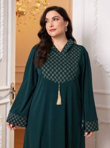 Al Najma Plus Gold Geo Print Tassel Detail Hooded Dress Kaftan Jalabiya Dress