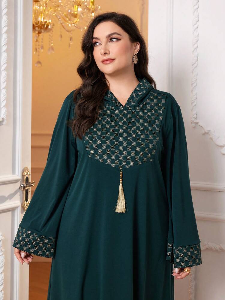 Plus Gold Geo Print Tassel Detail Hooded Dress Kaftan Jalabiya Dress