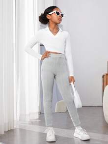 女大童素色高腰緊身打底褲 - 淺灰色 - 查看 4