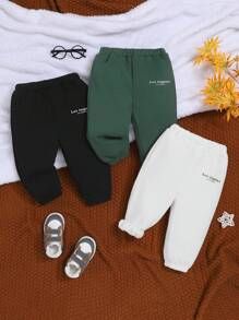 SHEIN 男嬰 3 入組字母圖案保暖運動褲 - 黑與白 - 查看 1