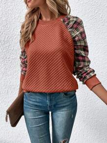 SHEIN VCAY Kẻ sọc tương phản Tay Raglan Áo nỉ - Gỗ đỏ - Xem 4