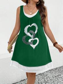 SHEIN Clasi Talla grande Vestido tank con estampado de corazón - Verde Oscuro - Ver 6