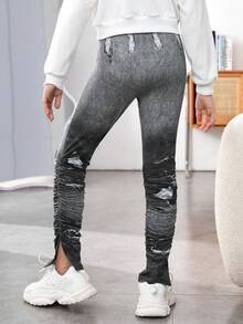 少女水染褶皺分裂裤 - 灰色 - 查看 2