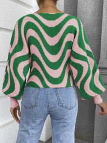 Chiquease Wave Striped Pattern Lantern Sleeve Knit Pullover Fall Winter Sweater - Multicolor - View 2
