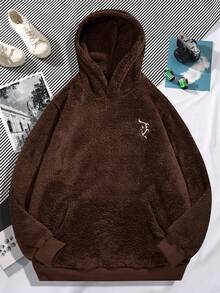 Manfinity Homme 男士圖案刺繡袋鼠口袋毛絨帽衫 - 棕色 - 查看 3