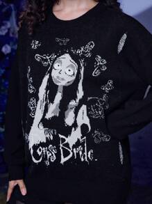 Corpse Bride | ROMWE 字母人像和蝴蝶樣式落肩袖套頭毛衣 - 黑色 - 查看 6