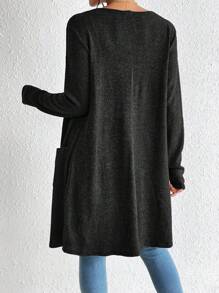 SHEIN Essnce 双口袋前开襟大衣（无吊带背心），女士冬季休闲口袋常规袖宽松黑色纯色女士大衣，休闲日常穿着 - 黑色 - 查看 2