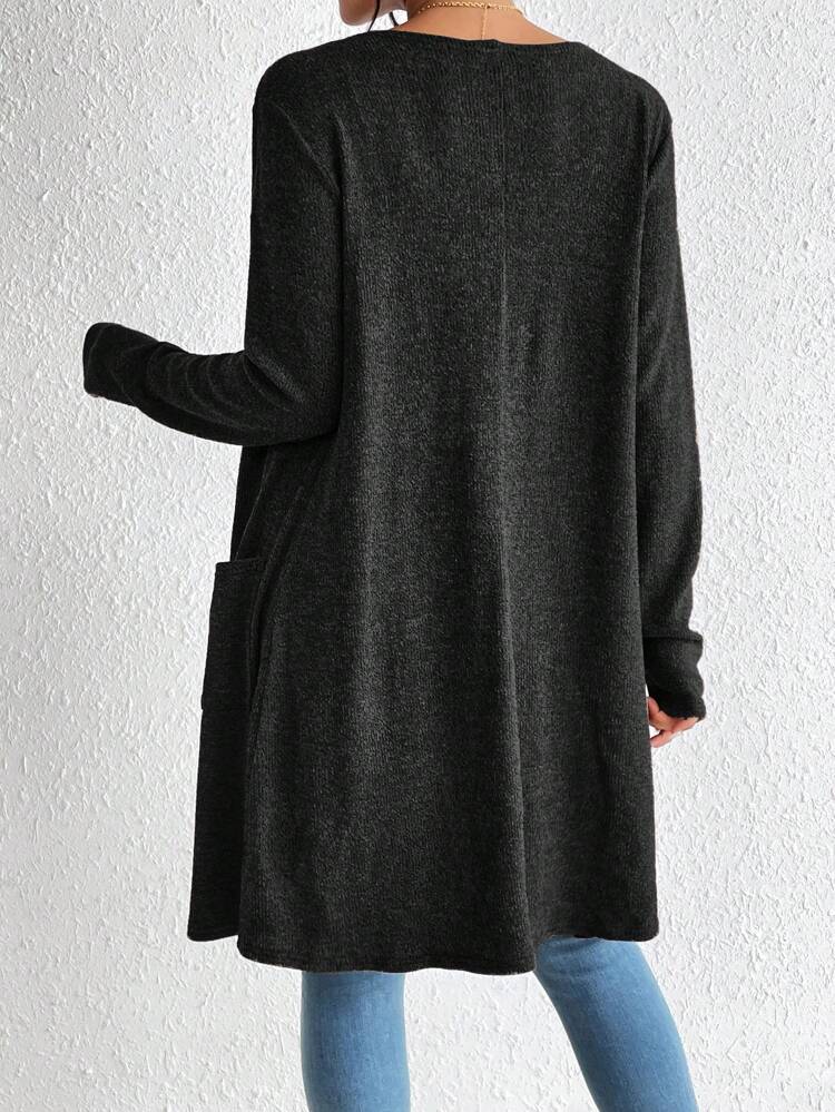 Dual Pocket Open Front Coat Without Cami Top,Ladies Winter Casual Pocket Regular Sleeve Loose Black Plain Women Coats,Casual Daily Wear