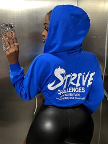 Slaydiva Slogan Graphic Drop Shoulder Drawstring Hoodie - Blue - View 1