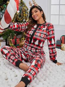 Talla grande Mameluco de dormir con estampado de Navidad con botón delantero - Rojo - Ver 6