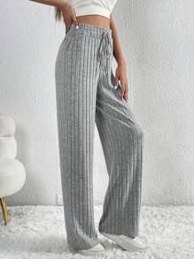 SHEIN Tall Dây thắt lưng Đồ đan Ribbed Nút phía trước Quần ống rộng - Xám - Xem 4
