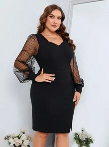 Reflora Plus Contrast Dobby Mesh Lantern Sleeve Split Hem Bodycon Dress - Black - View 6