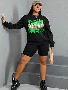 SHEIN EZwear Áo nỉ nữ cỡ lớn tối giản thông thường có in chữ, mùa thu/đông - màu đen - Xem 6