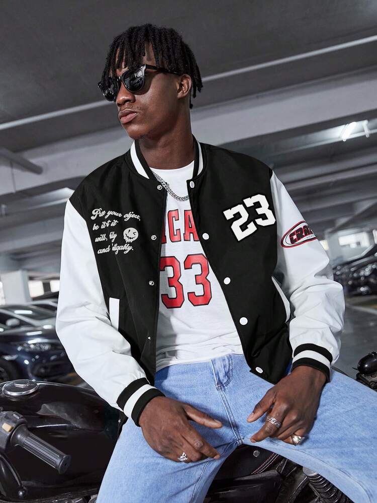Oversized Men's Letter Graphic Two-Tone Varsity Jacket, For Fall Winter