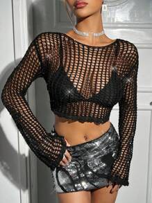 SHEIN ICON 鏤空短款毛衣不附胸罩 - 黑色 - 查看 5