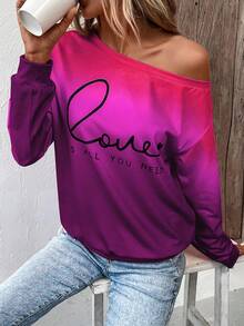 SHEIN LUNE 標語圖案漸層不對稱領落肩袖運動衫 - 彩色 - 查看 4