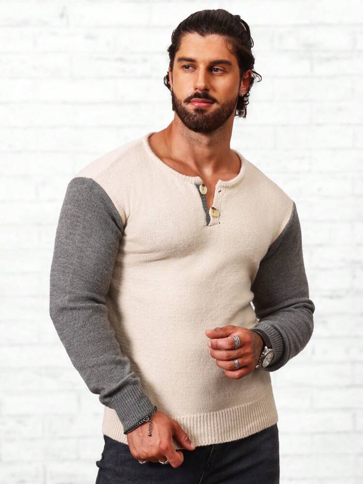 Men Loose Colorblock Button Front Sweater