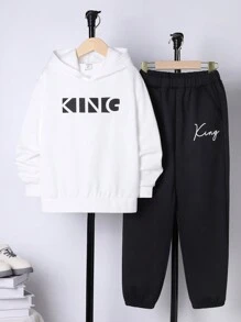 SHEIN Áo hoodie và quần thể thao họa tiết chữ Tween Boy - trắng - Xem 1