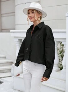 SHEIN Essnce 素色刺繡前紐扣落肩袖襯衫 - 黑色 - 查看 3