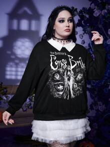 Corpse Bride | ROMWE Talla grande Sudadera con estampado de letra y figura de cuello en contraste de hombros caídos - Negro - Ver 5