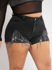 Plus Rhinestone Fringe Trim Denim Shorts - Black - View 5