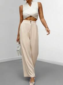 SHEIN Privé Solid Slant Pocket Wide Leg Suit Pants - Apricot - View 5