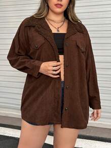 Flirla Hơn Thả vai Lót Teddy Áo khoác vải nhung - Cà phê nâu - Xem 1